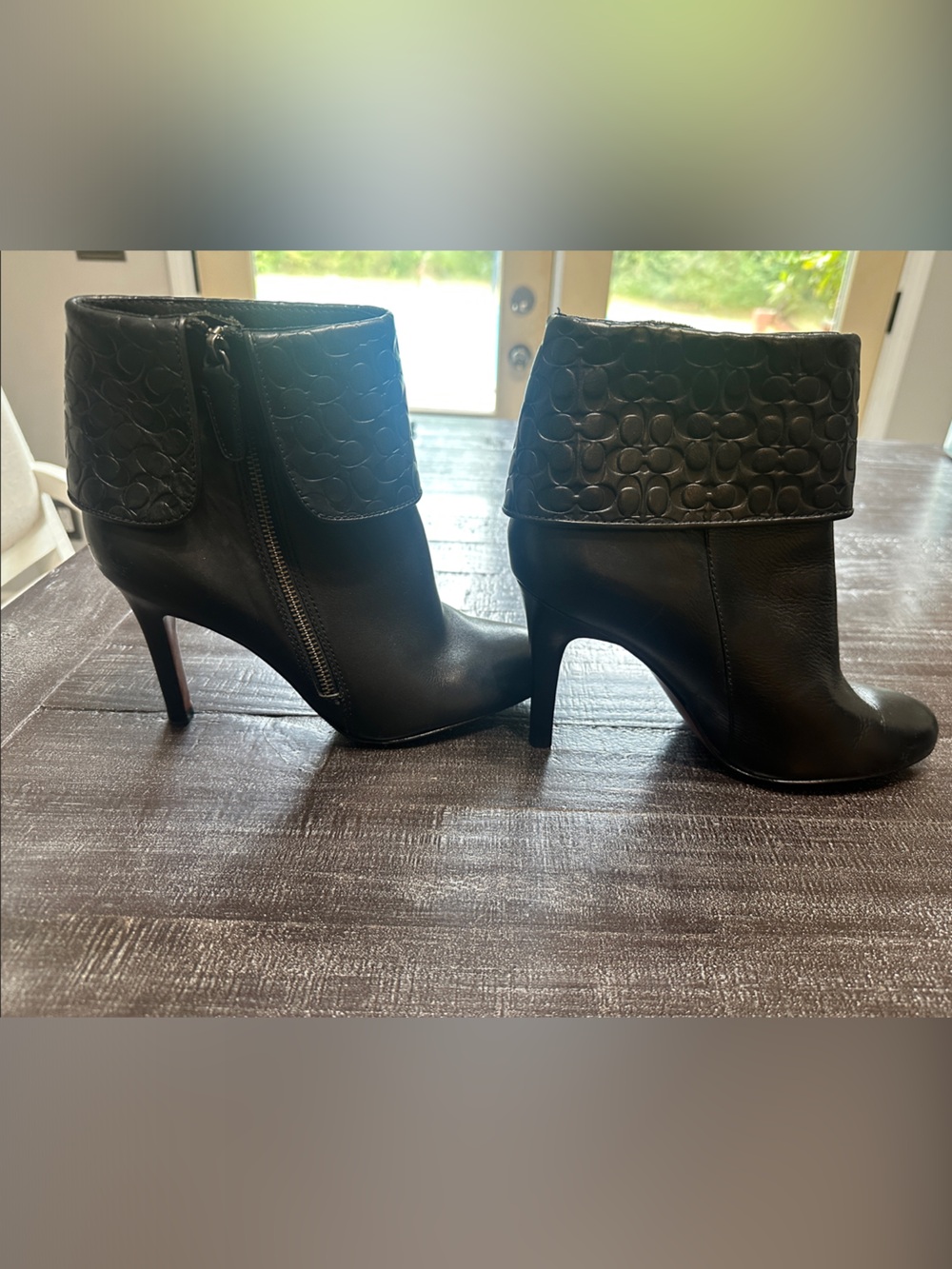 Coach Black Leather Fold-Over Ankle Booties with Logo Cuff
